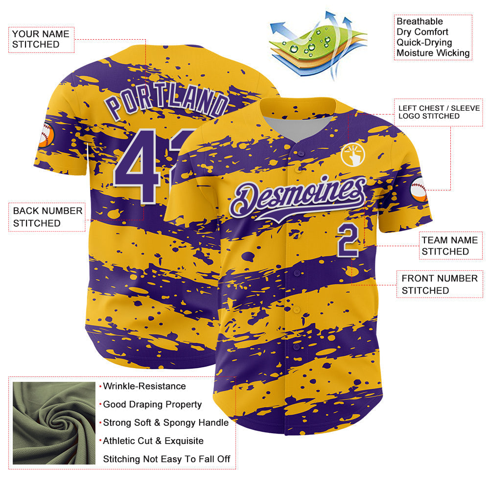 Custom Gold Purple-White Paint Splash Stripe Authentic Baseball Jersey baseball jersey product view 3