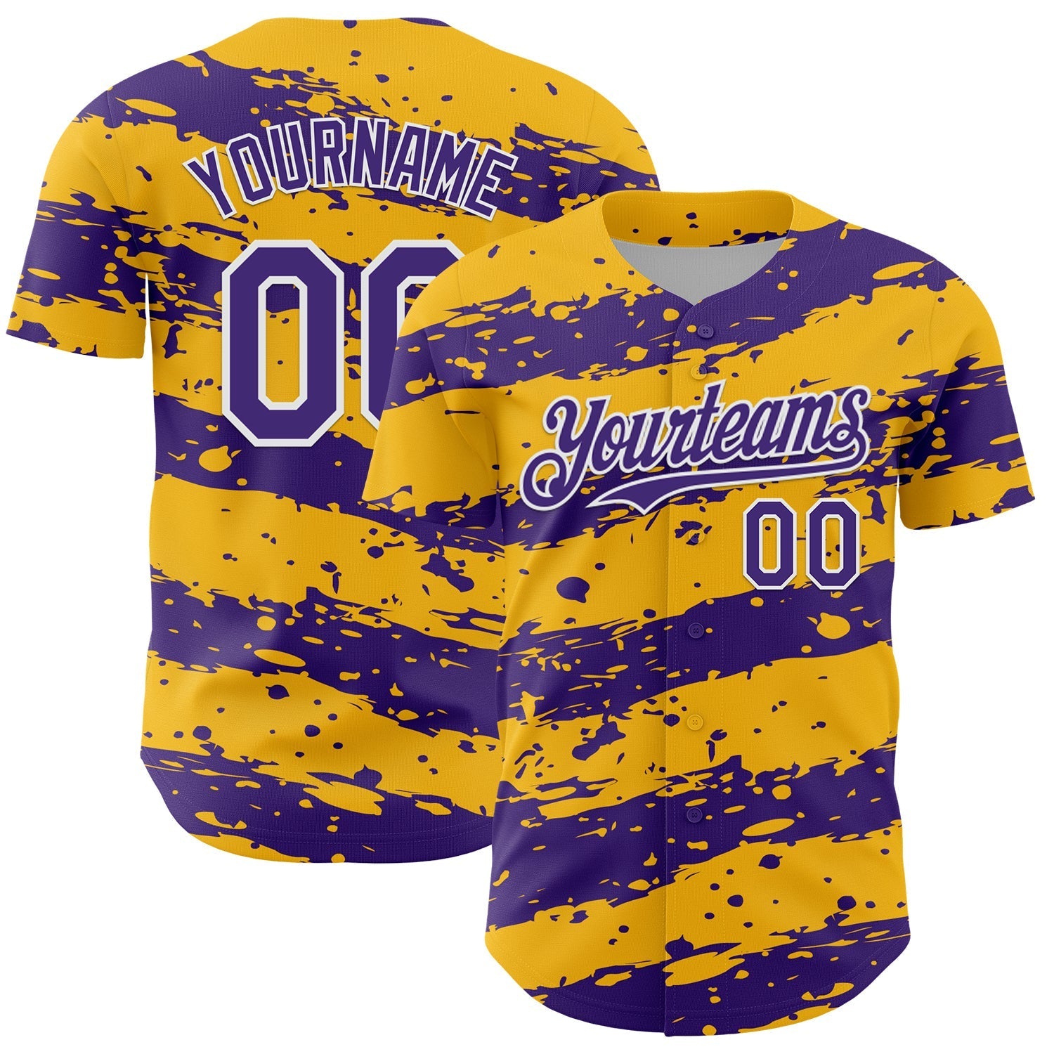 Custom Gold Purple-White Paint Splash Stripe Authentic Baseball Jersey baseball jersey product view 1