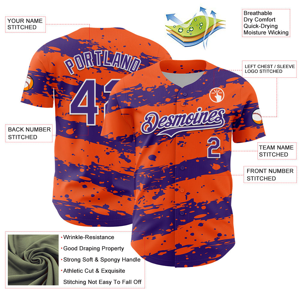Custom Orange Purple-White Paint Splash Stripe Authentic Baseball Jersey baseball jersey product view 3