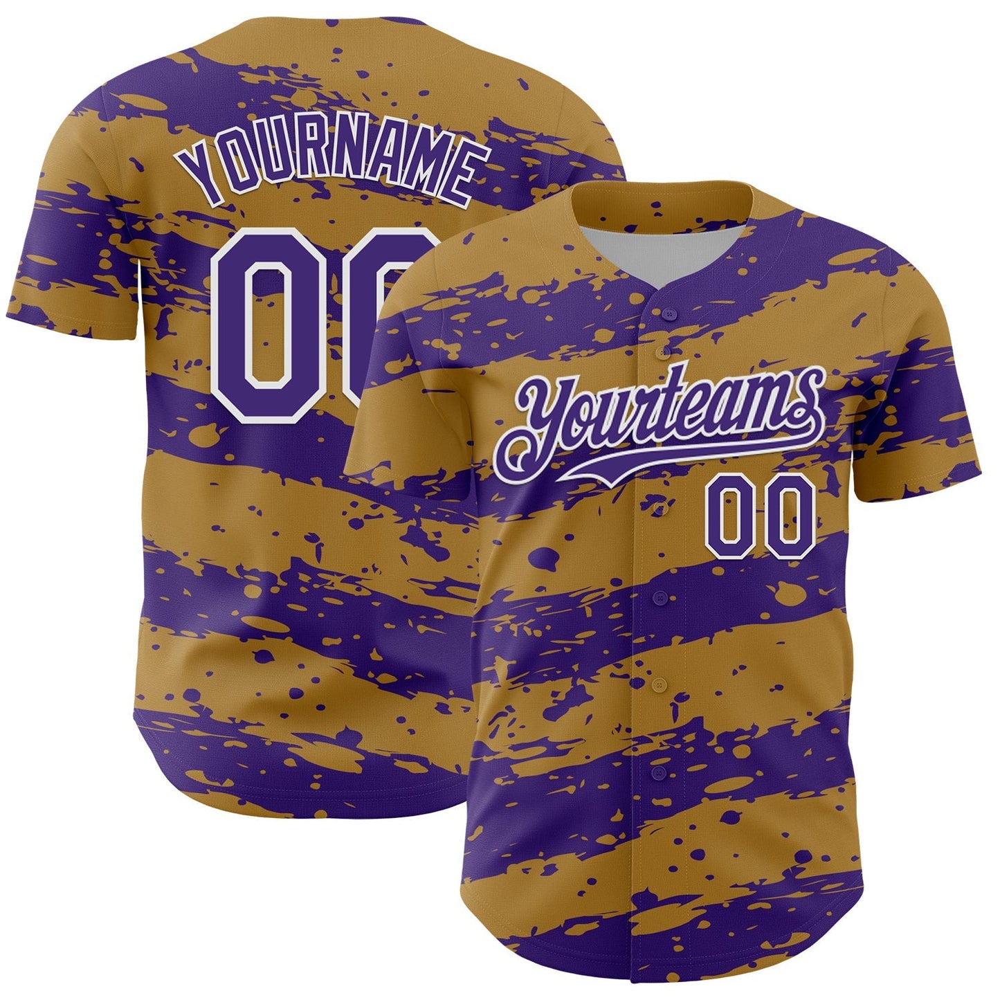 Custom Old Gold Purple-White Paint Splash Stripe Authentic Baseball Jersey baseball jersey product view 1