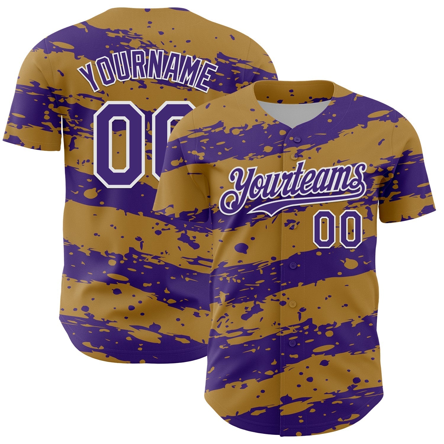 Custom Old Gold Purple-White Paint Splash Stripe Authentic Baseball Jersey baseball jersey product view 1