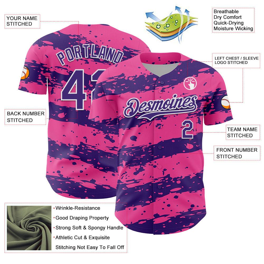 Custom Pink Purple-White Paint Splash Stripe Authentic Baseball Jersey baseball jersey product view 3