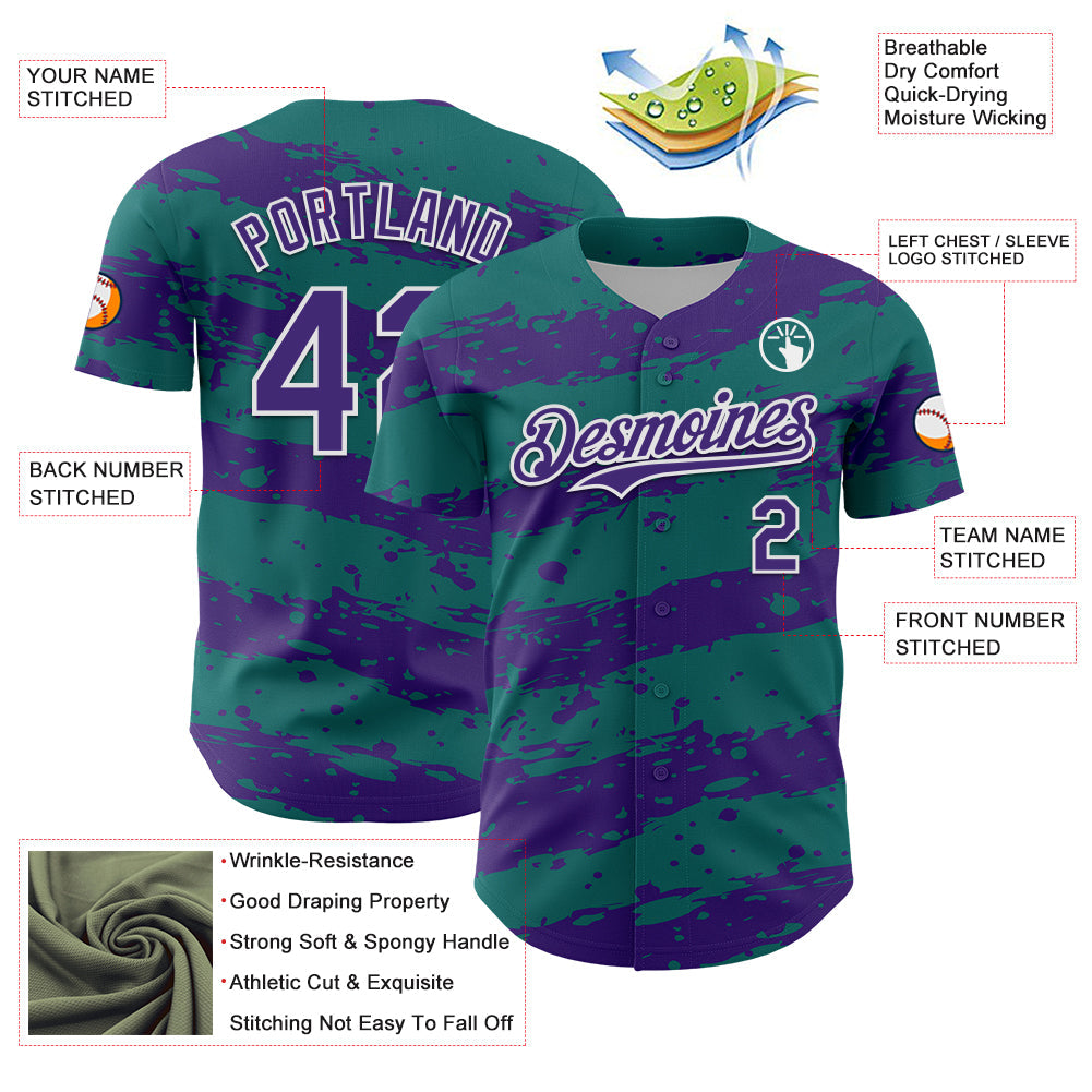 Custom Teal Purple-White Paint Splash Stripe Authentic Baseball Jersey baseball jersey product view 3