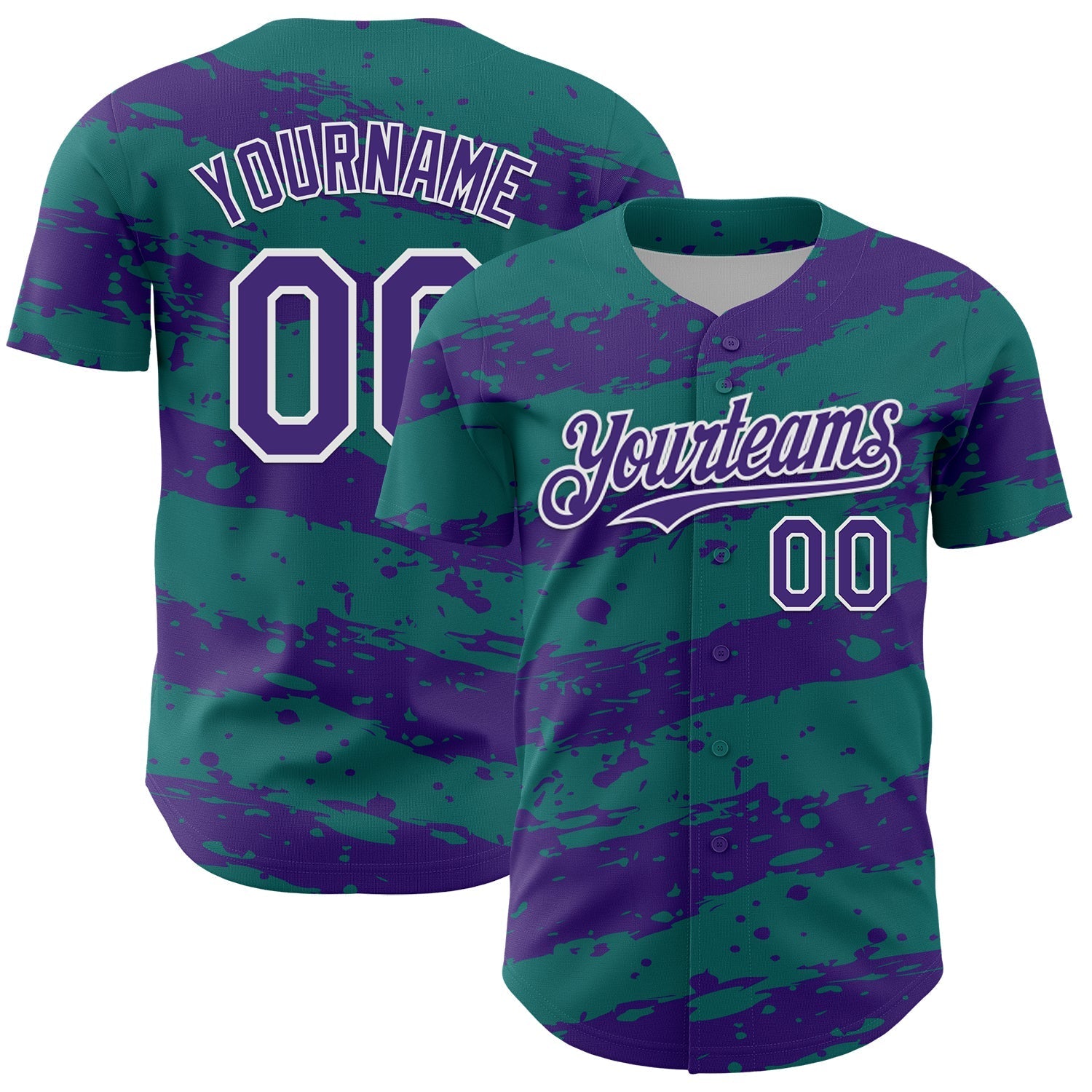 Custom Teal Purple-White Paint Splash Stripe Authentic Baseball Jersey baseball jersey product view 1