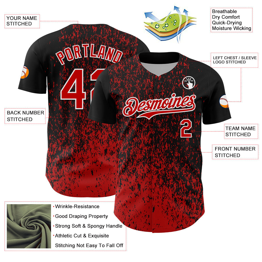 Custom Black Red-White Abstract Fragment Splatter Authentic Baseball Jersey baseball jersey product view 3