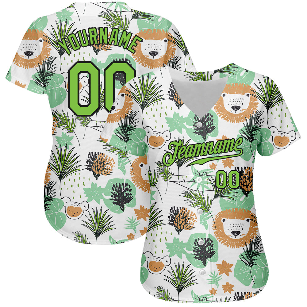 Custom White Neon Green-Black 3D Pattern Design Hawaii Palm Leaves And Lions Authentic Baseball Jersey baseball jersey product view 2