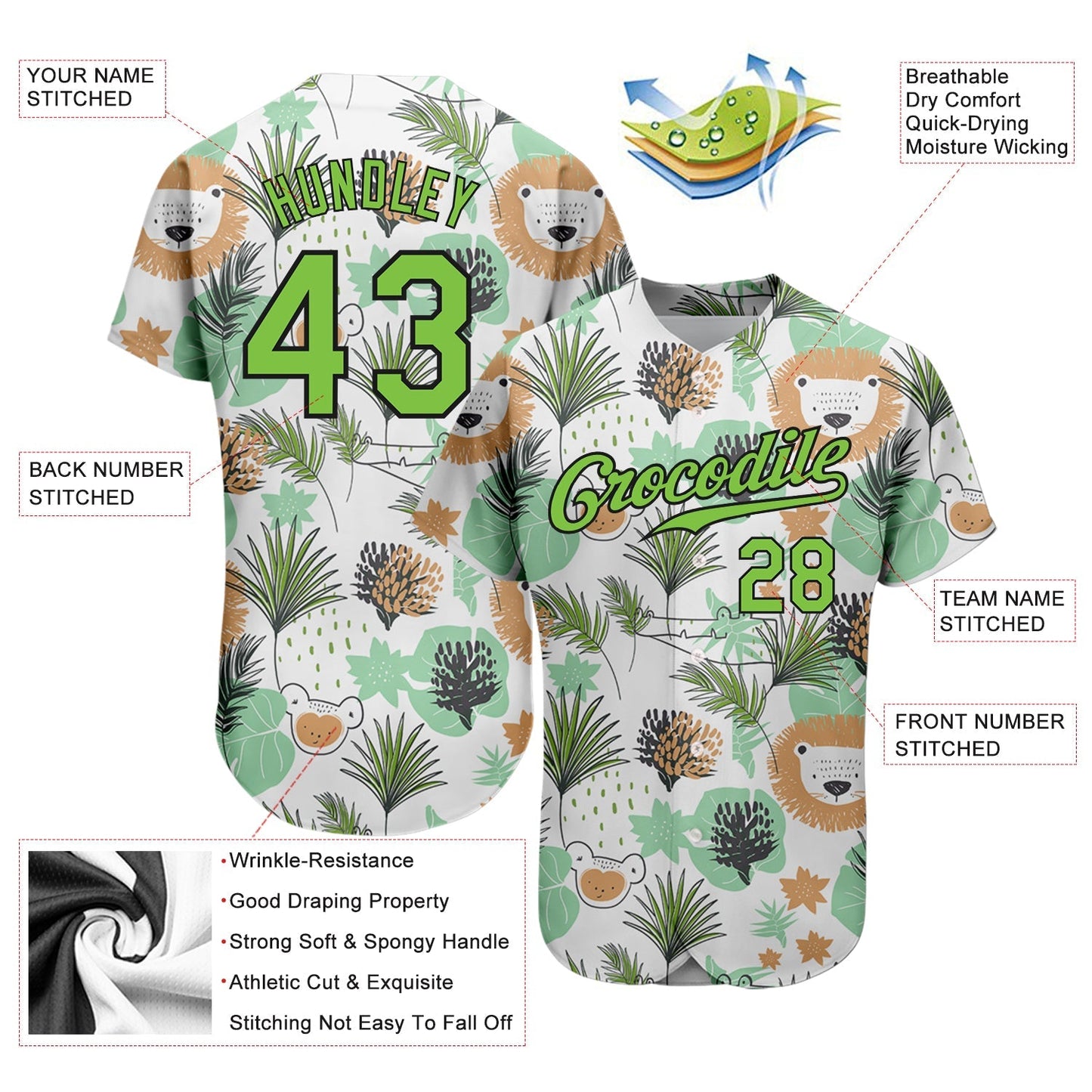 Custom White Neon Green-Black 3D Pattern Design Hawaii Palm Leaves And Lions Authentic Baseball Jersey baseball jersey product view 3