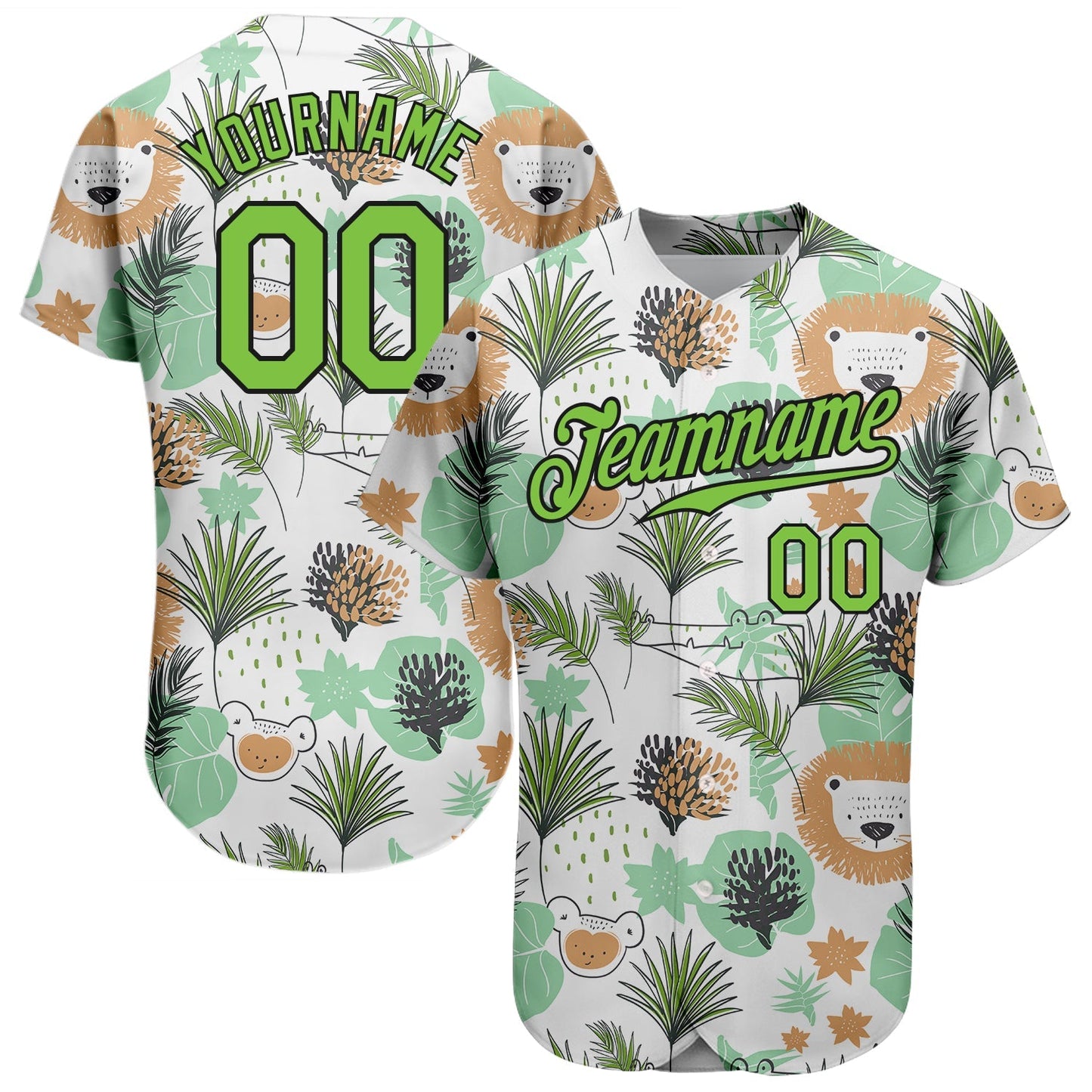 Custom White Neon Green-Black 3D Pattern Design Hawaii Palm Leaves And Lions Authentic Baseball Jersey baseball jersey product view 1