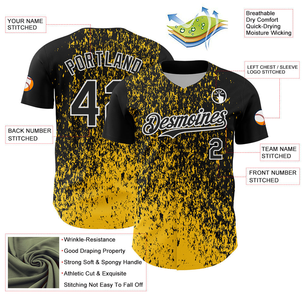 Custom Black Yellow-White Abstract Fragment Splatter Authentic Baseball Jersey baseball jersey product view 3
