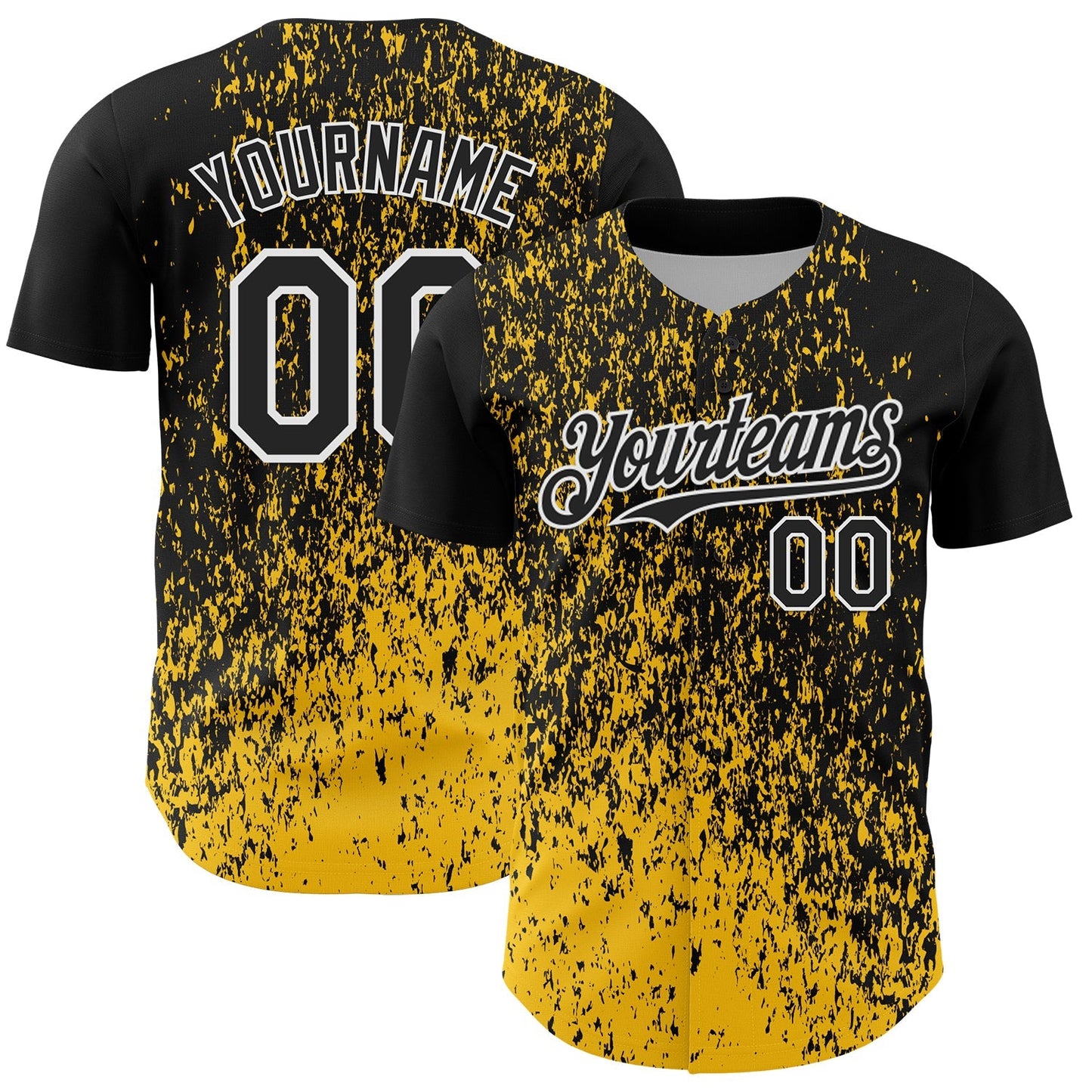Custom Black Yellow-White Abstract Fragment Splatter Authentic Baseball Jersey baseball jersey product view 1