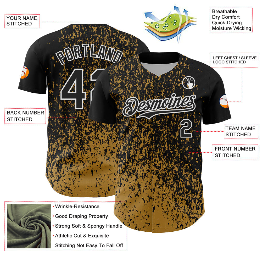 Custom Black Old Gold-White Abstract Fragment Splatter Authentic Baseball Jersey baseball jersey product view 3
