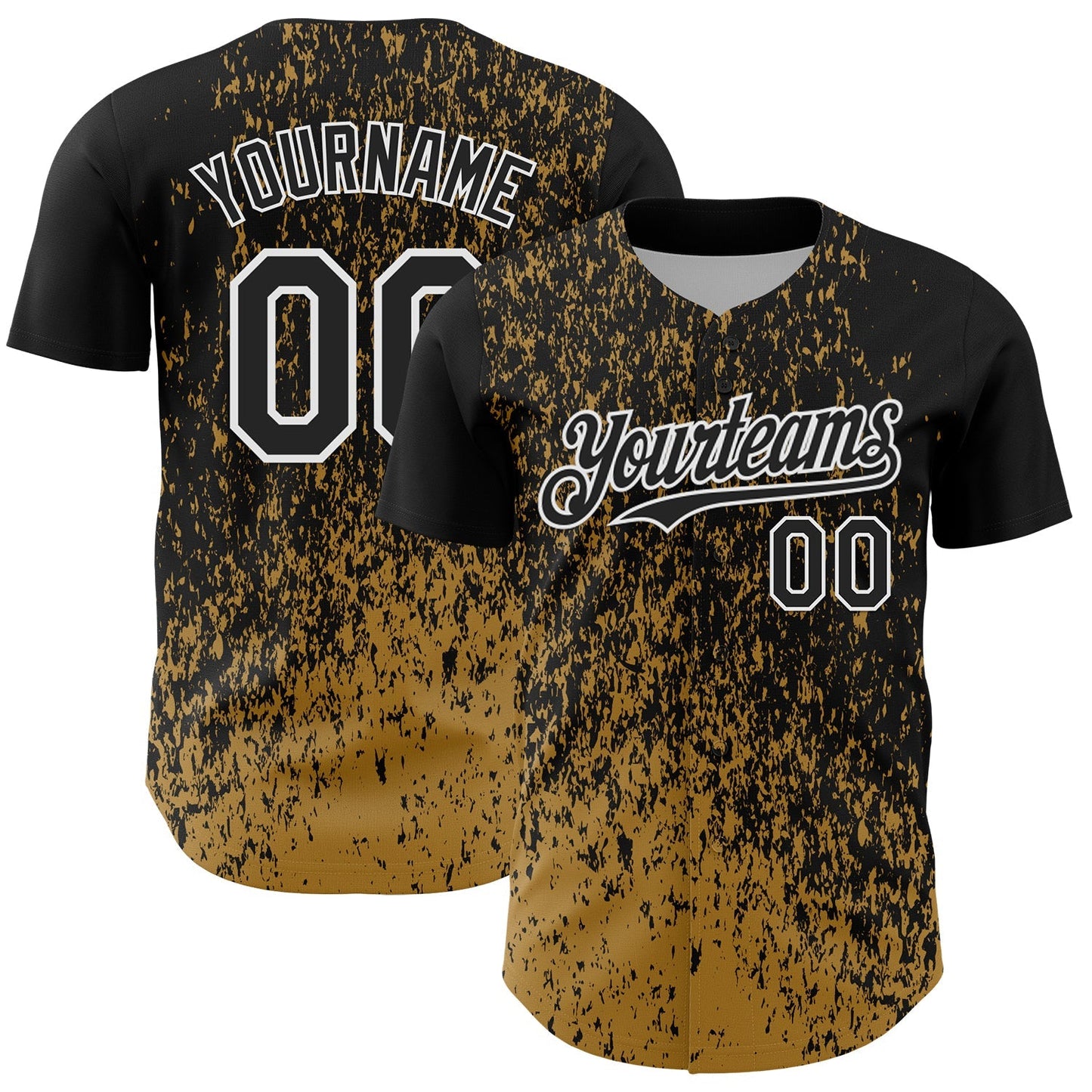 Custom Black Old Gold-White Abstract Fragment Splatter Authentic Baseball Jersey baseball jersey product view 1