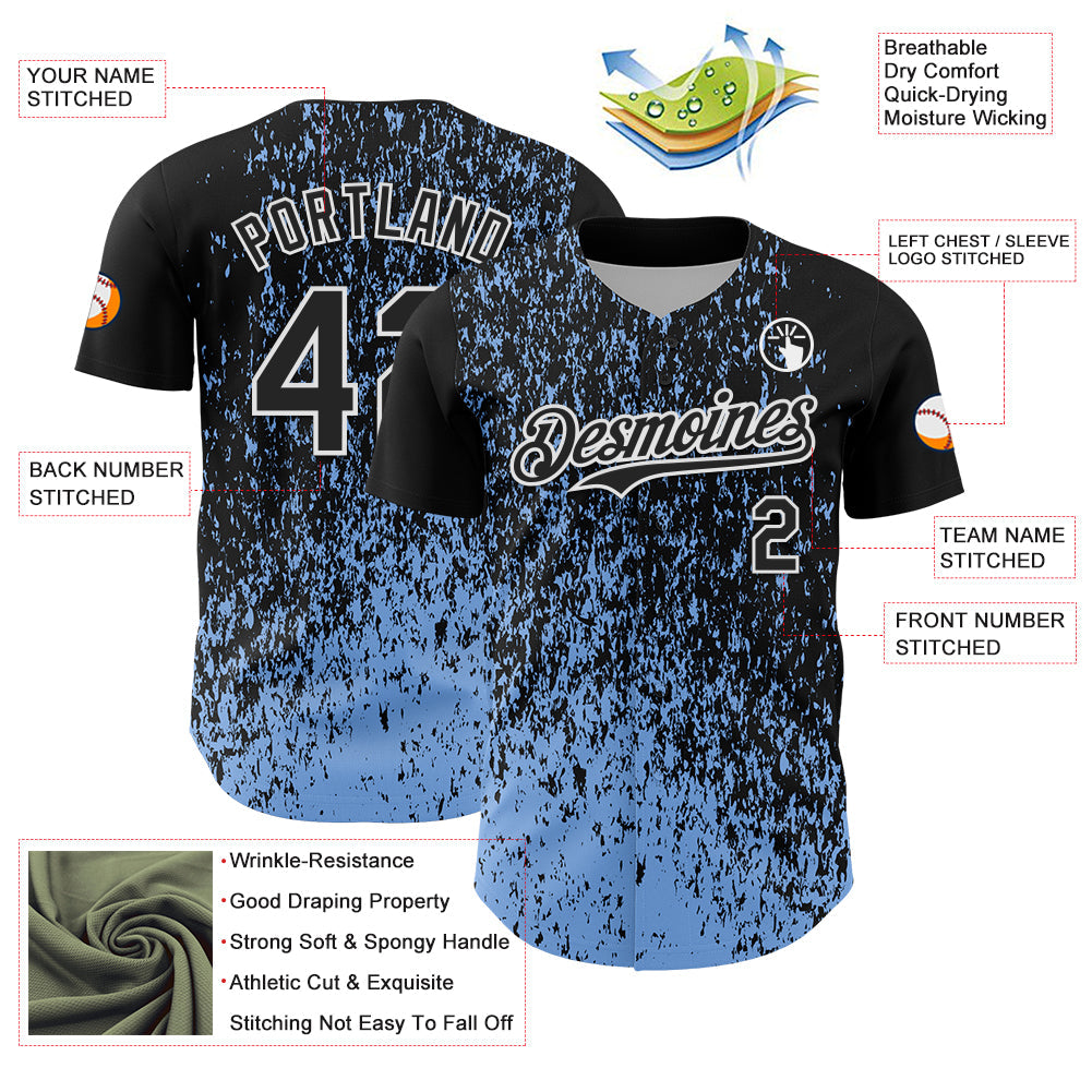 Custom Black Light Blue-White Abstract Fragment Splatter Authentic Baseball Jersey baseball jersey product view 3