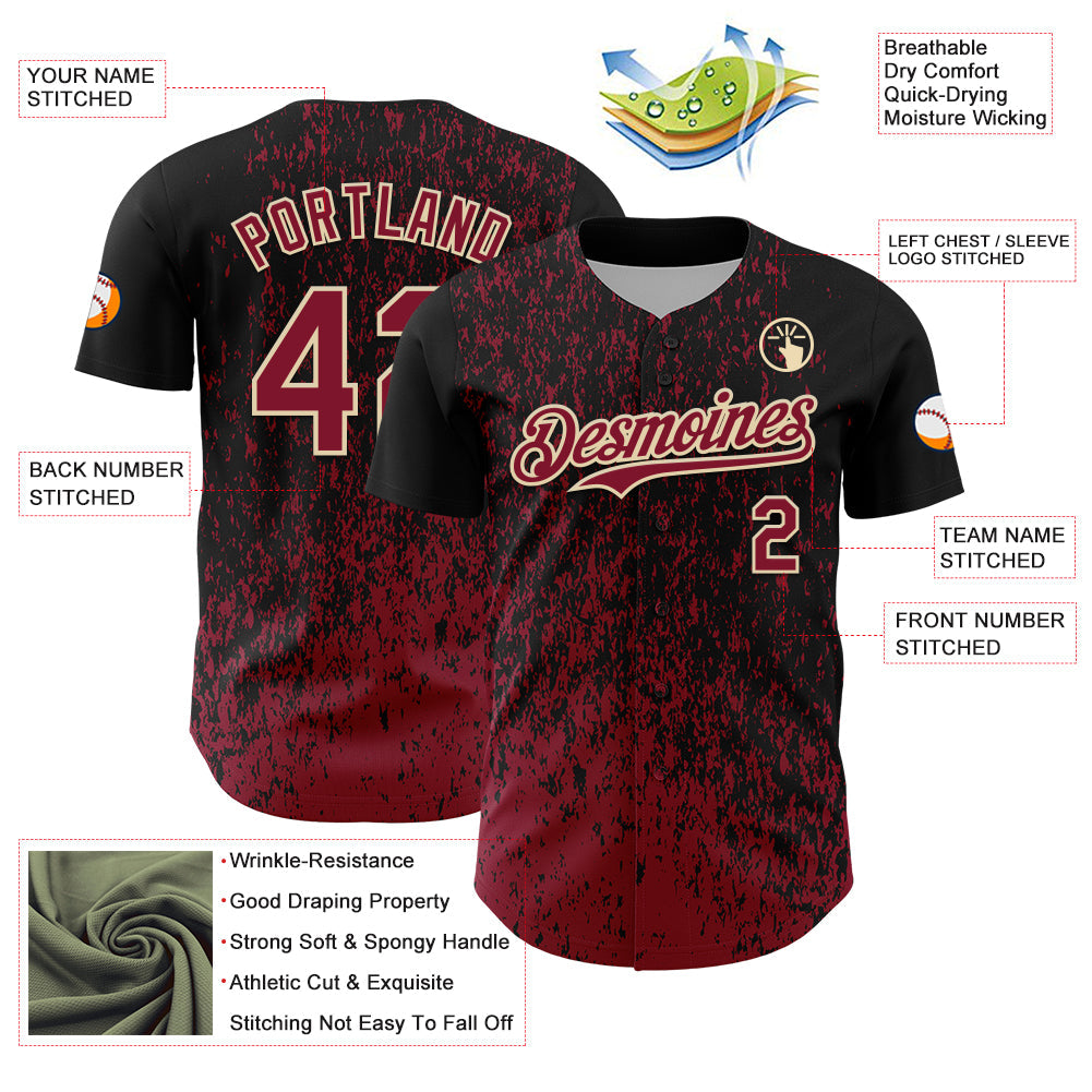 Custom Black Crimson-Cream Abstract Fragment Splatter Authentic Baseball Jersey baseball jersey product view 3