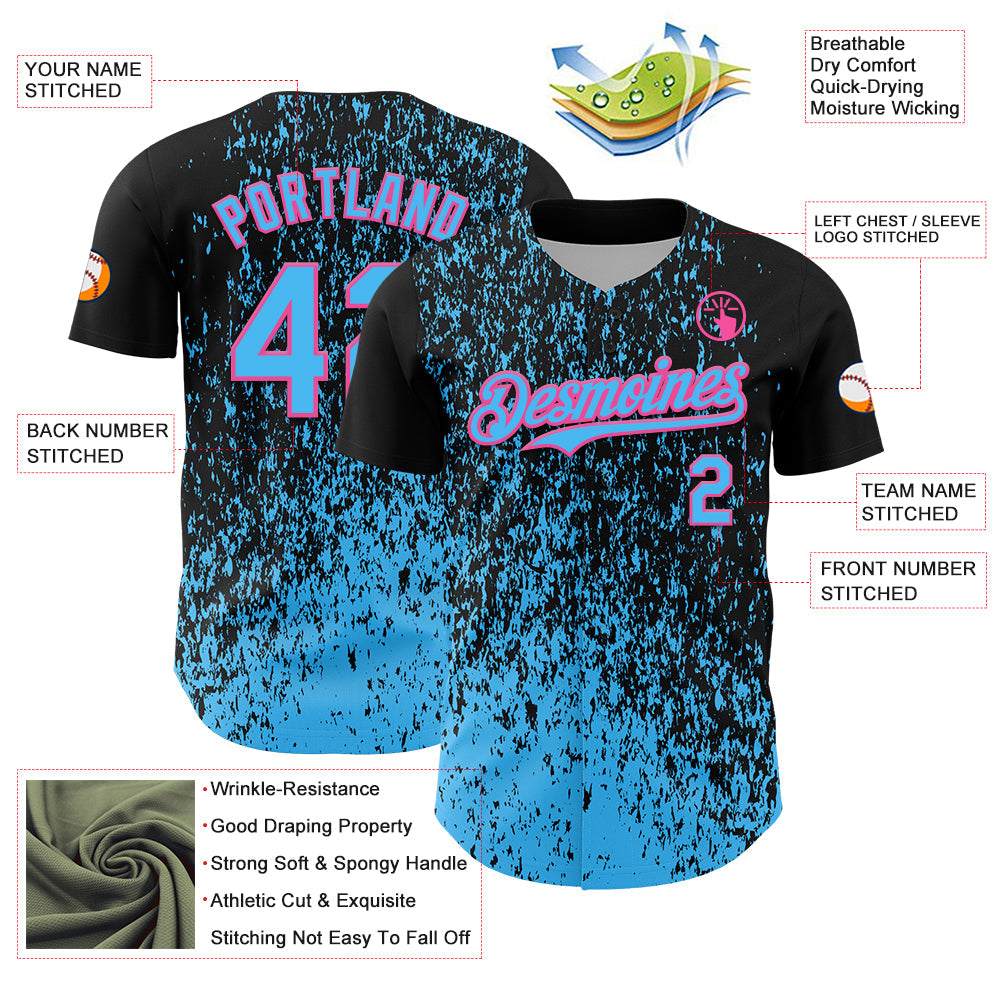 Custom Black Sky Blue-Pink Abstract Fragment Splatter Authentic Baseball Jersey baseball jersey product view 3