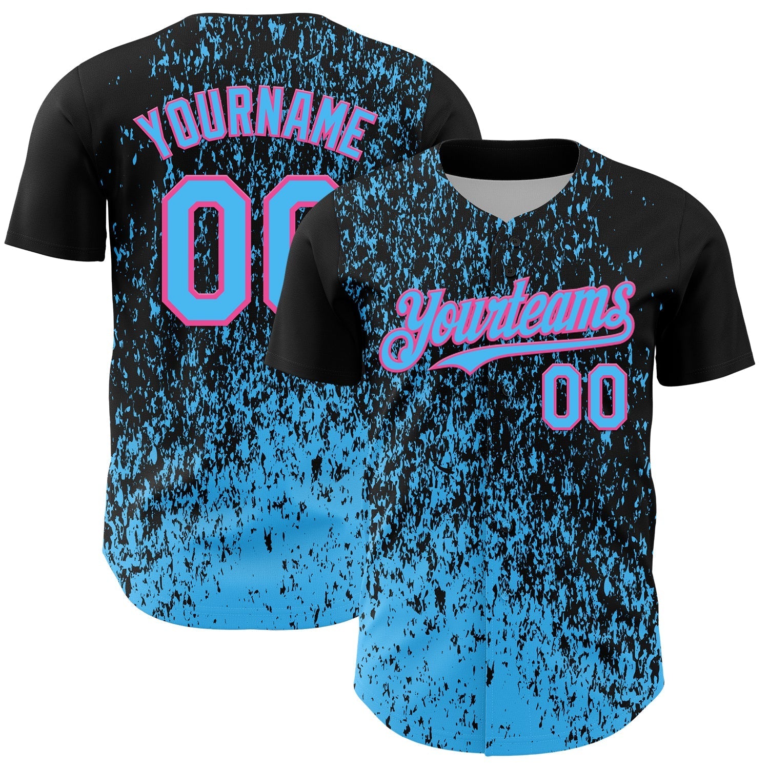 Custom Black Sky Blue-Pink Abstract Fragment Splatter Authentic Baseball Jersey baseball jersey product view 1