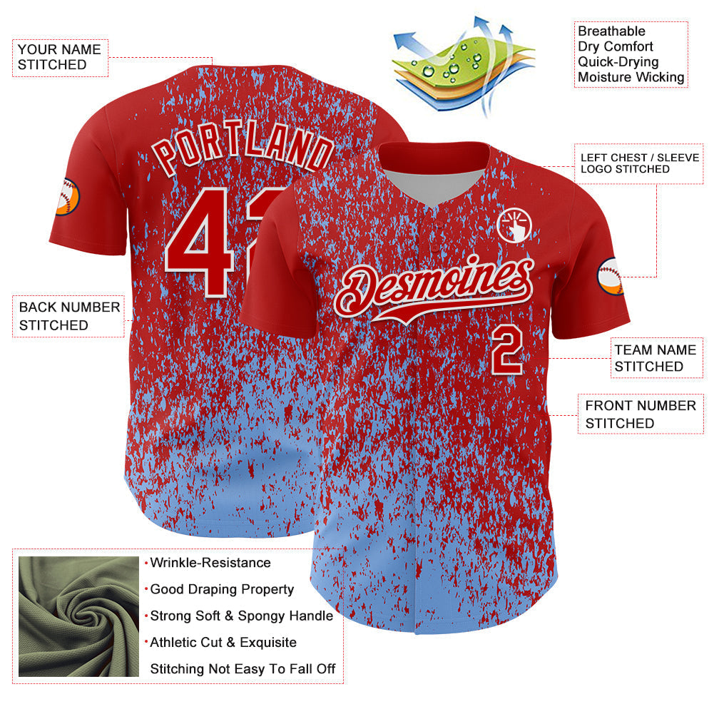 Custom Red Light Blue-White Abstract Fragment Splatter Authentic Baseball Jersey baseball jersey product view 3