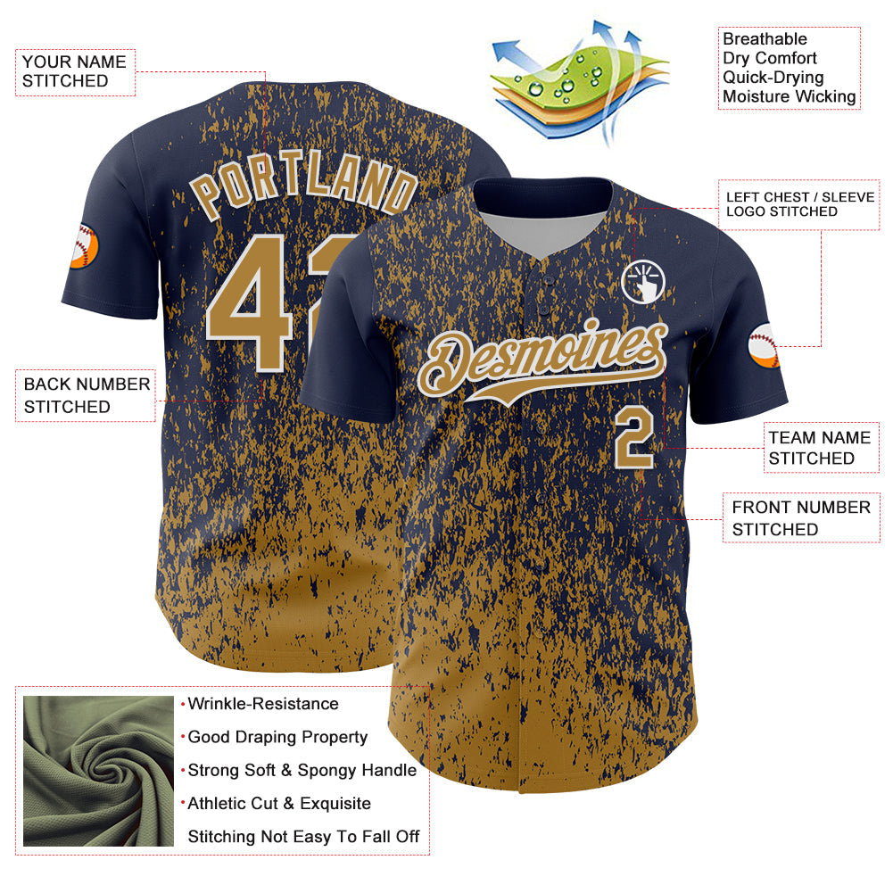 Custom Navy Old Gold-White Abstract Fragment Splatter Authentic Baseball Jersey baseball jersey product view 3