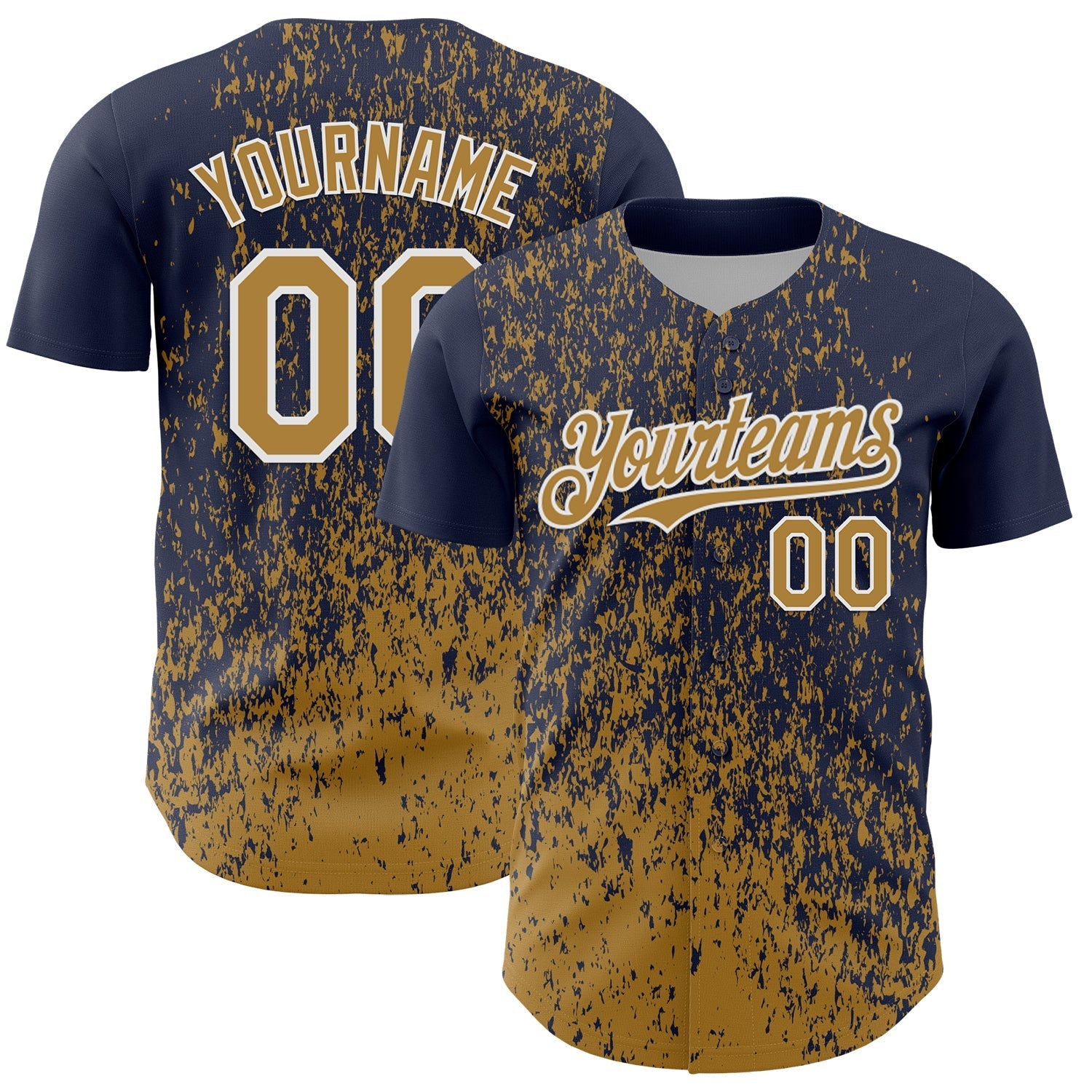 Custom Navy Old Gold-White Abstract Fragment Splatter Authentic Baseball Jersey baseball jersey product view 1