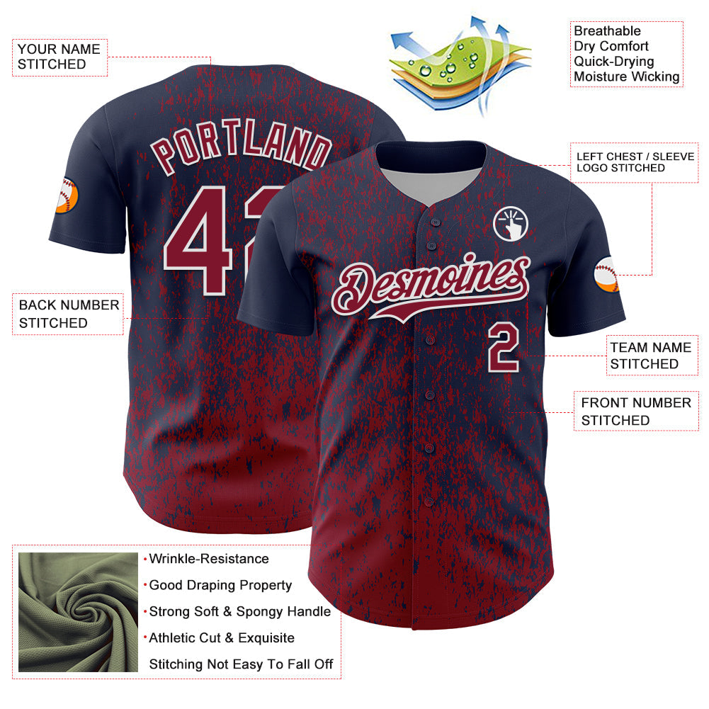 Custom Navy Crimson-White Abstract Fragment Splatter Authentic Baseball Jersey baseball jersey product view 3