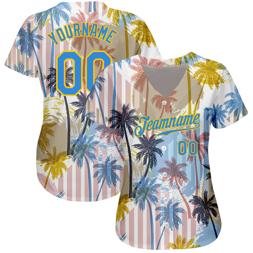 Custom White Electric Blue-Yellow 3D Pattern Design Hawaii Coconut Palms Authentic Baseball Jersey baseball jersey product view 2