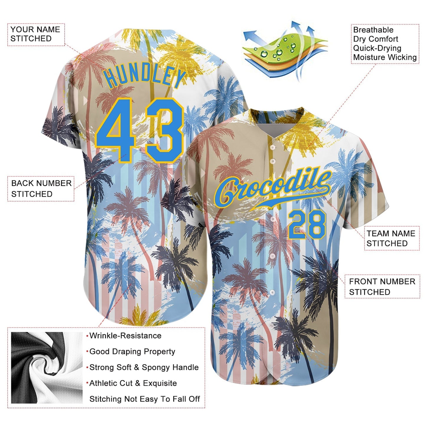 Custom White Electric Blue-Yellow 3D Pattern Design Hawaii Coconut Palms Authentic Baseball Jersey baseball jersey product view 3