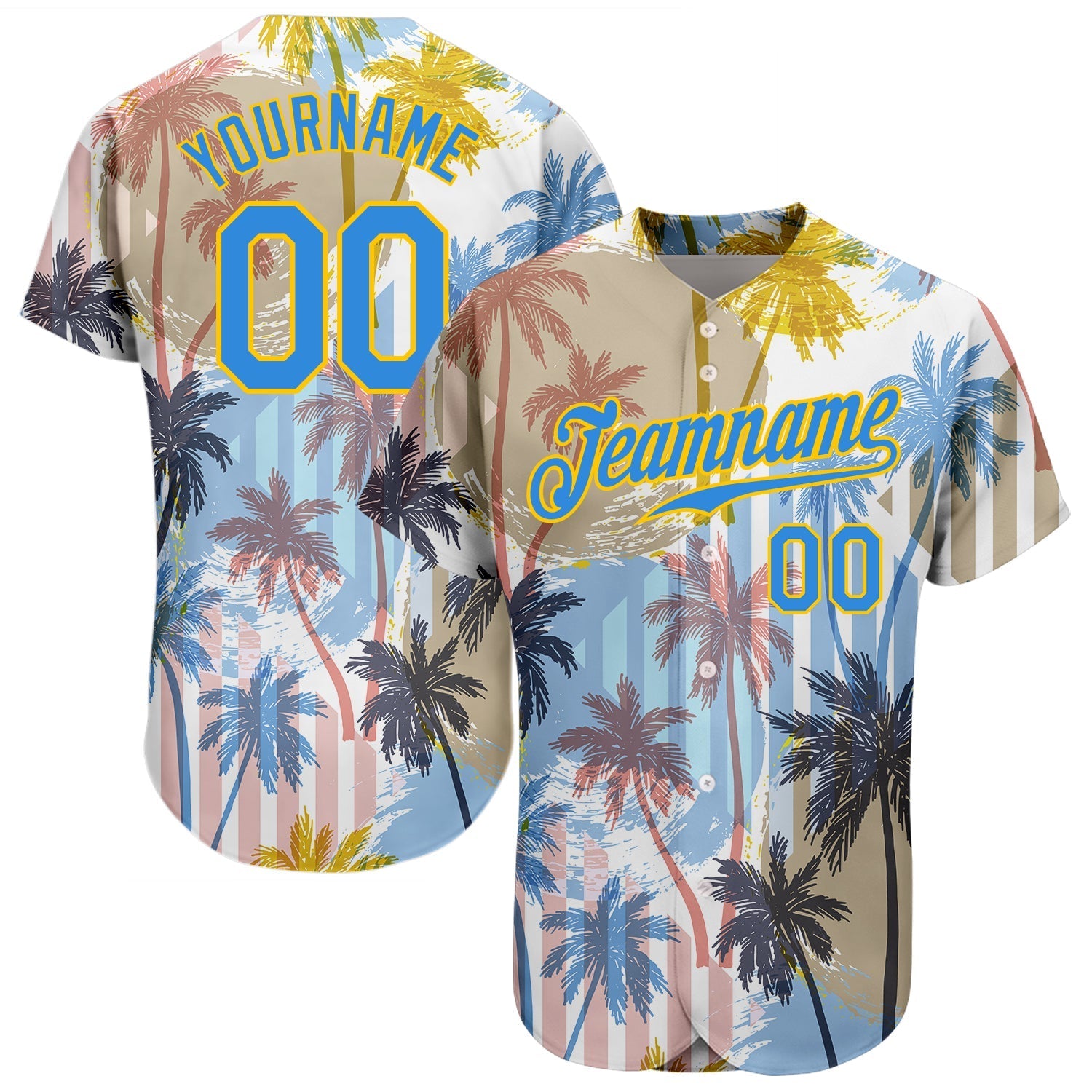 Custom White Electric Blue-Yellow 3D Pattern Design Hawaii Coconut Palms Authentic Baseball Jersey baseball jersey product view 1