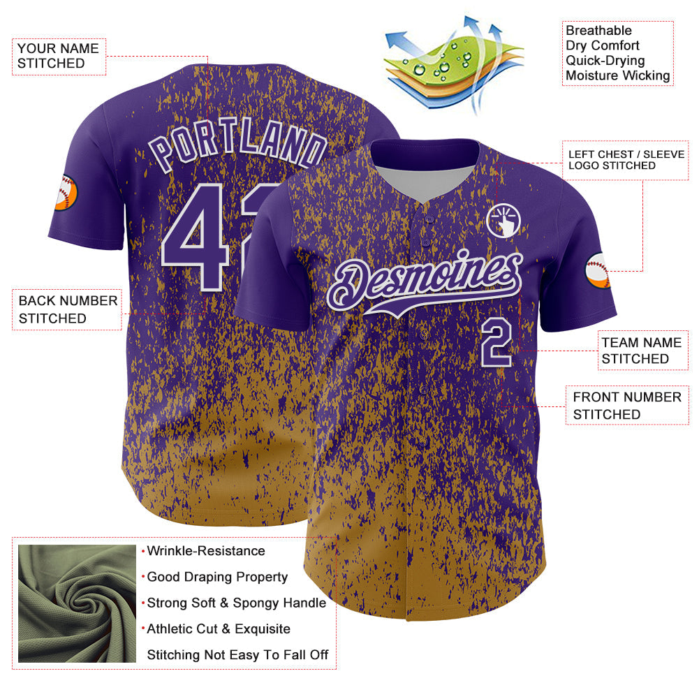 Custom Purple Old Gold-White Abstract Fragment Splatter Authentic Baseball Jersey baseball jersey product view 3