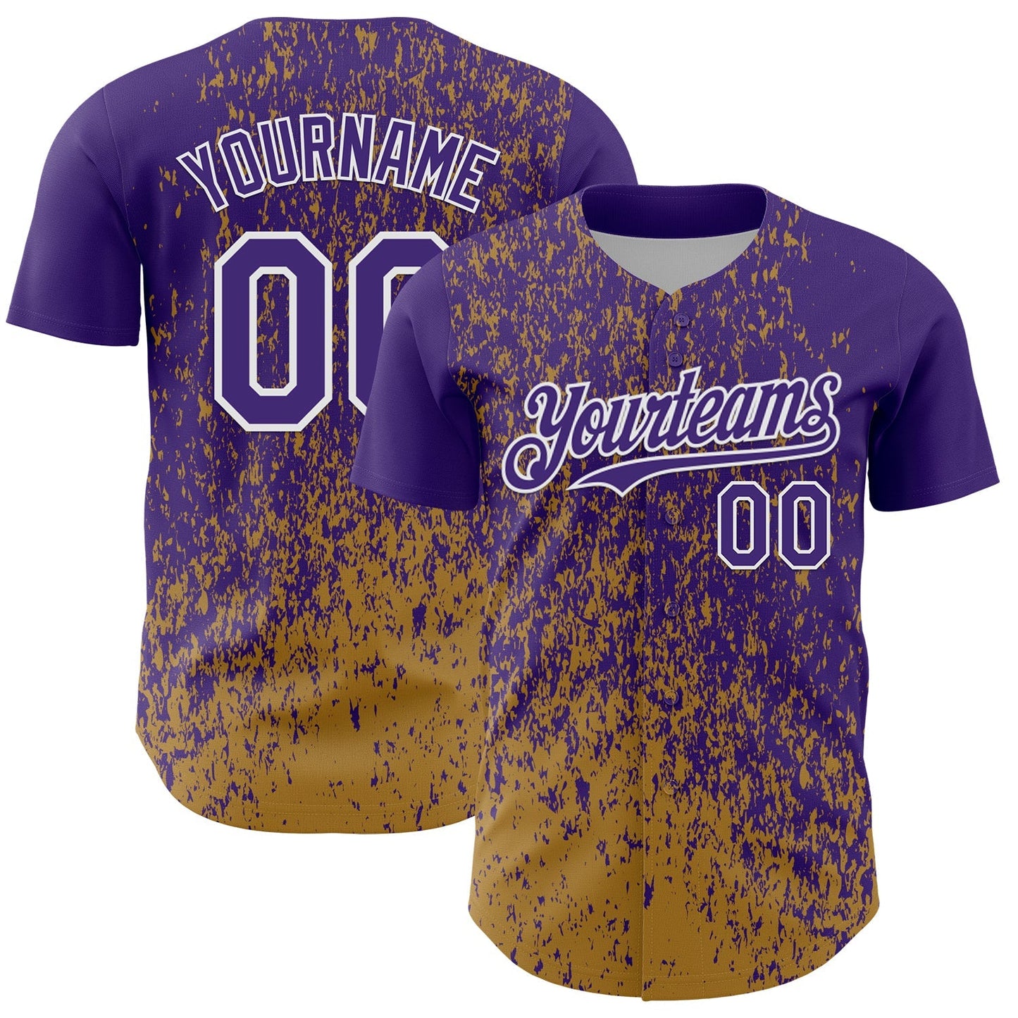 Custom Purple Old Gold-White Abstract Fragment Splatter Authentic Baseball Jersey baseball jersey product view 1