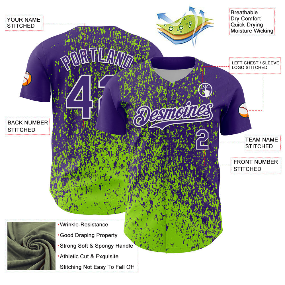 Custom Purple Neon Green-White Abstract Fragment Splatter Authentic Baseball Jersey baseball jersey product view 3