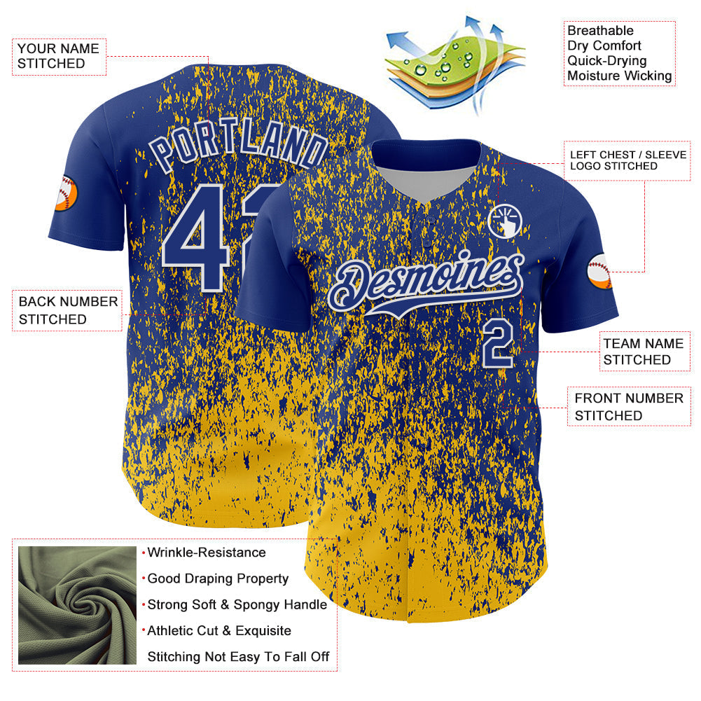Custom Royal Yellow-White Abstract Fragment Splatter Authentic Baseball Jersey baseball jersey product view 3