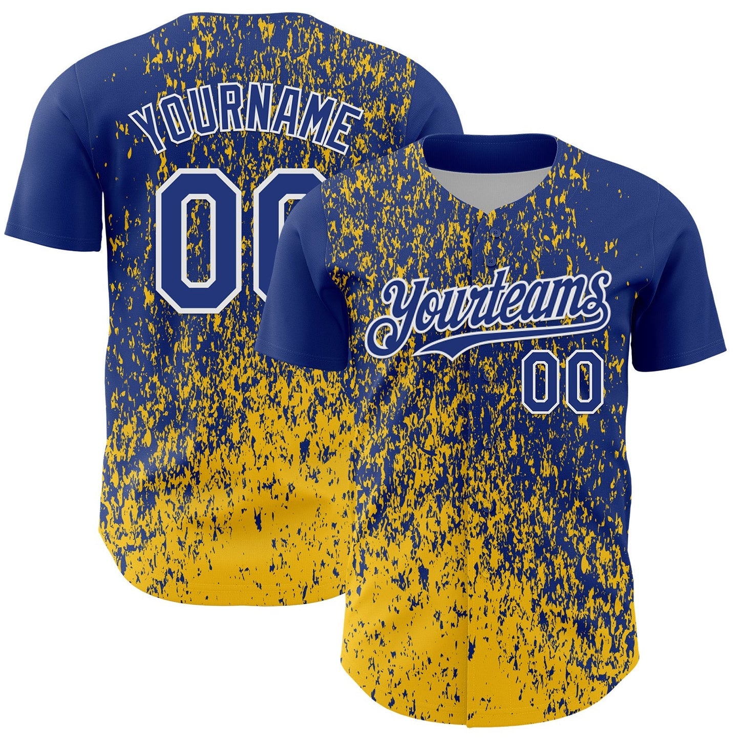 Custom Royal Yellow-White Abstract Fragment Splatter Authentic Baseball Jersey baseball jersey product view 1