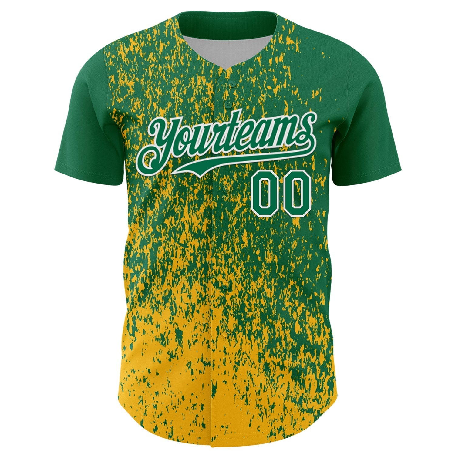 Custom Kelly Green Gold-White Abstract Fragment Splatter Authentic Baseball Jersey baseball jersey product view 2