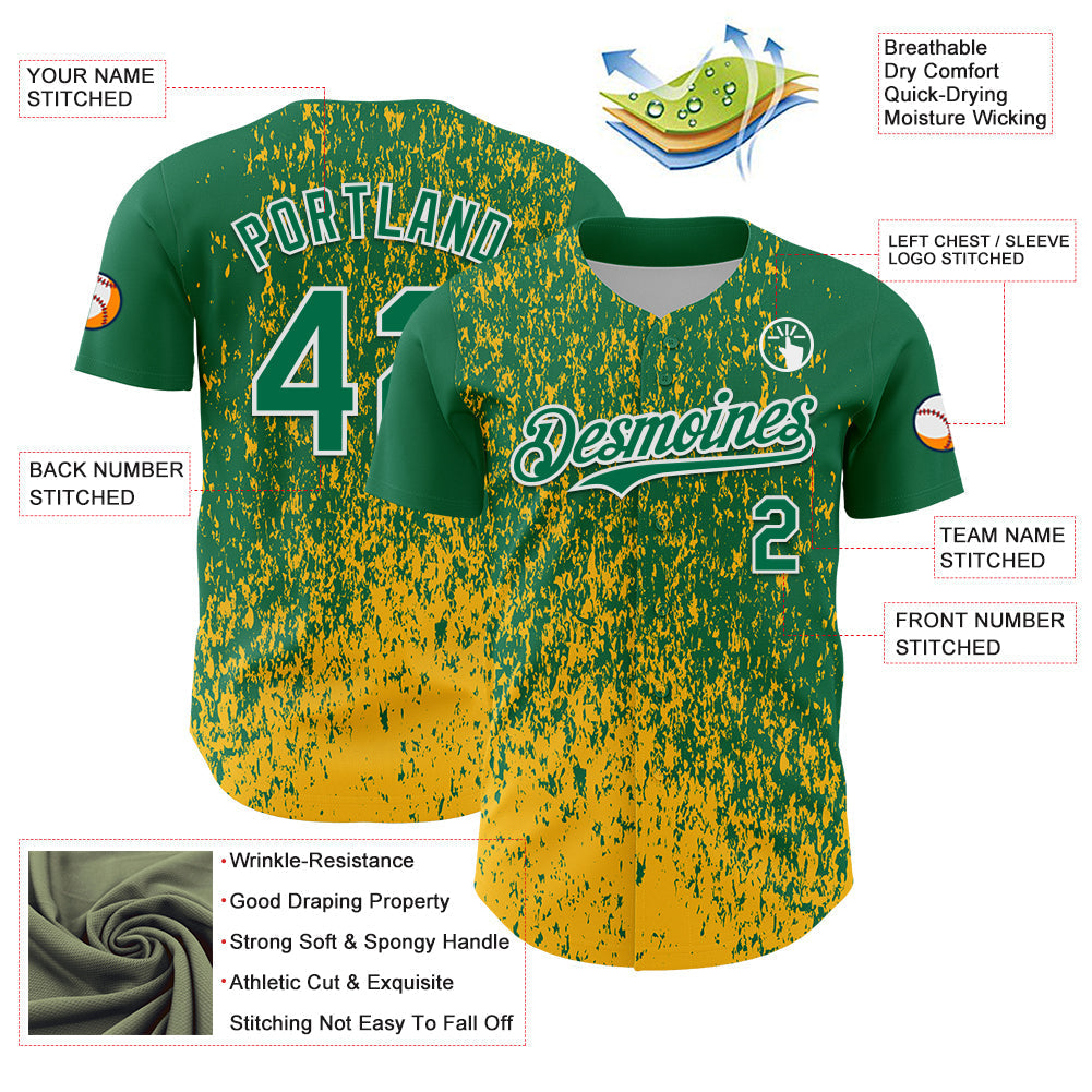 Custom Kelly Green Gold-White Abstract Fragment Splatter Authentic Baseball Jersey baseball jersey product view 3