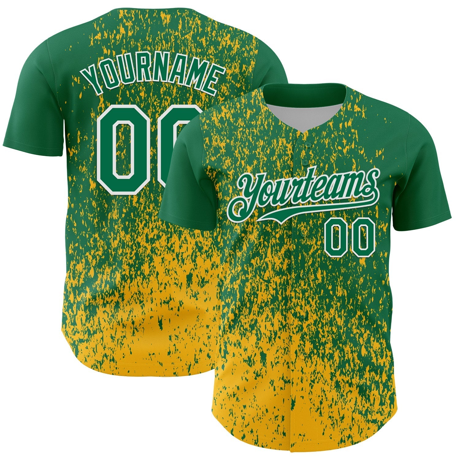 Custom Kelly Green Gold-White Abstract Fragment Splatter Authentic Baseball Jersey baseball jersey product view 1