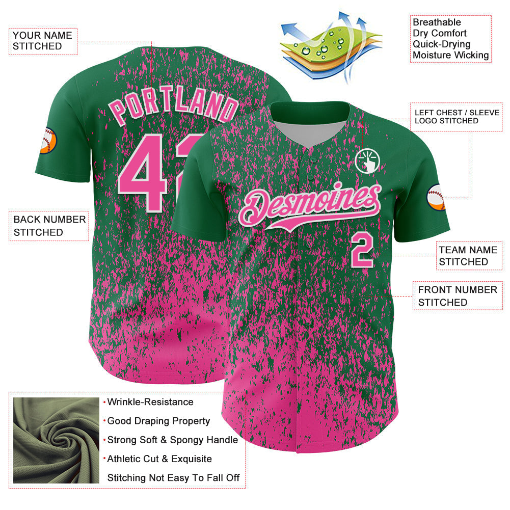 Custom Kelly Green Pink-White Abstract Fragment Splatter Authentic Baseball Jersey baseball jersey product view 3