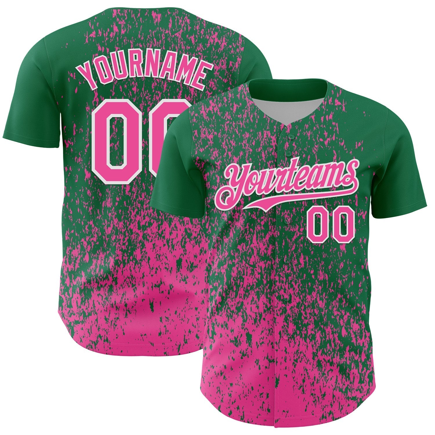 Custom Kelly Green Pink-White Abstract Fragment Splatter Authentic Baseball Jersey baseball jersey product view 1