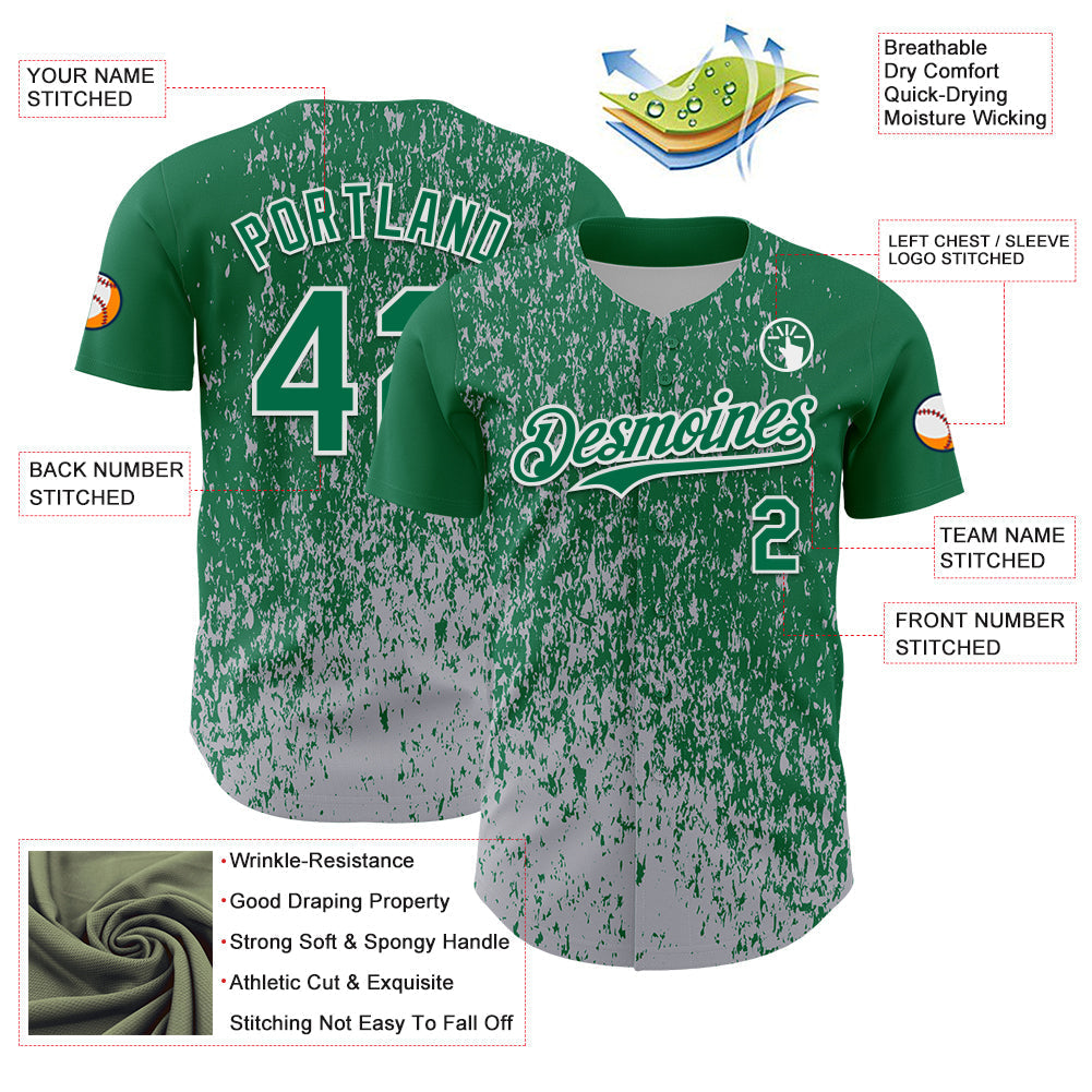 Custom Kelly Green Gray-White Abstract Fragment Splatter Authentic Baseball Jersey baseball jersey product view 3