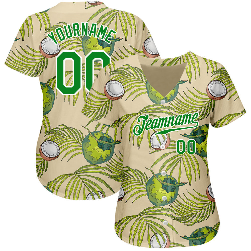 Custom Cream Grass Green-White 3D Pattern Design Coconuts And Leaves Authentic Baseball Jersey baseball jersey product view 2
