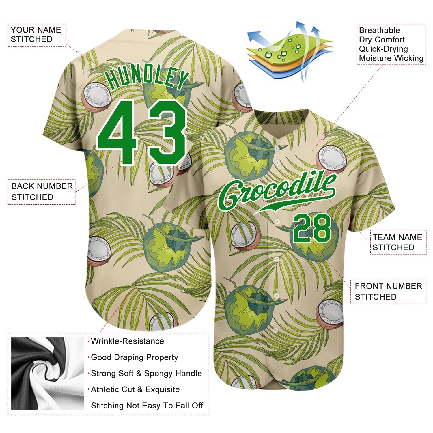 Custom Cream Grass Green-White 3D Pattern Design Coconuts And Leaves Authentic Baseball Jersey baseball jersey product view 3