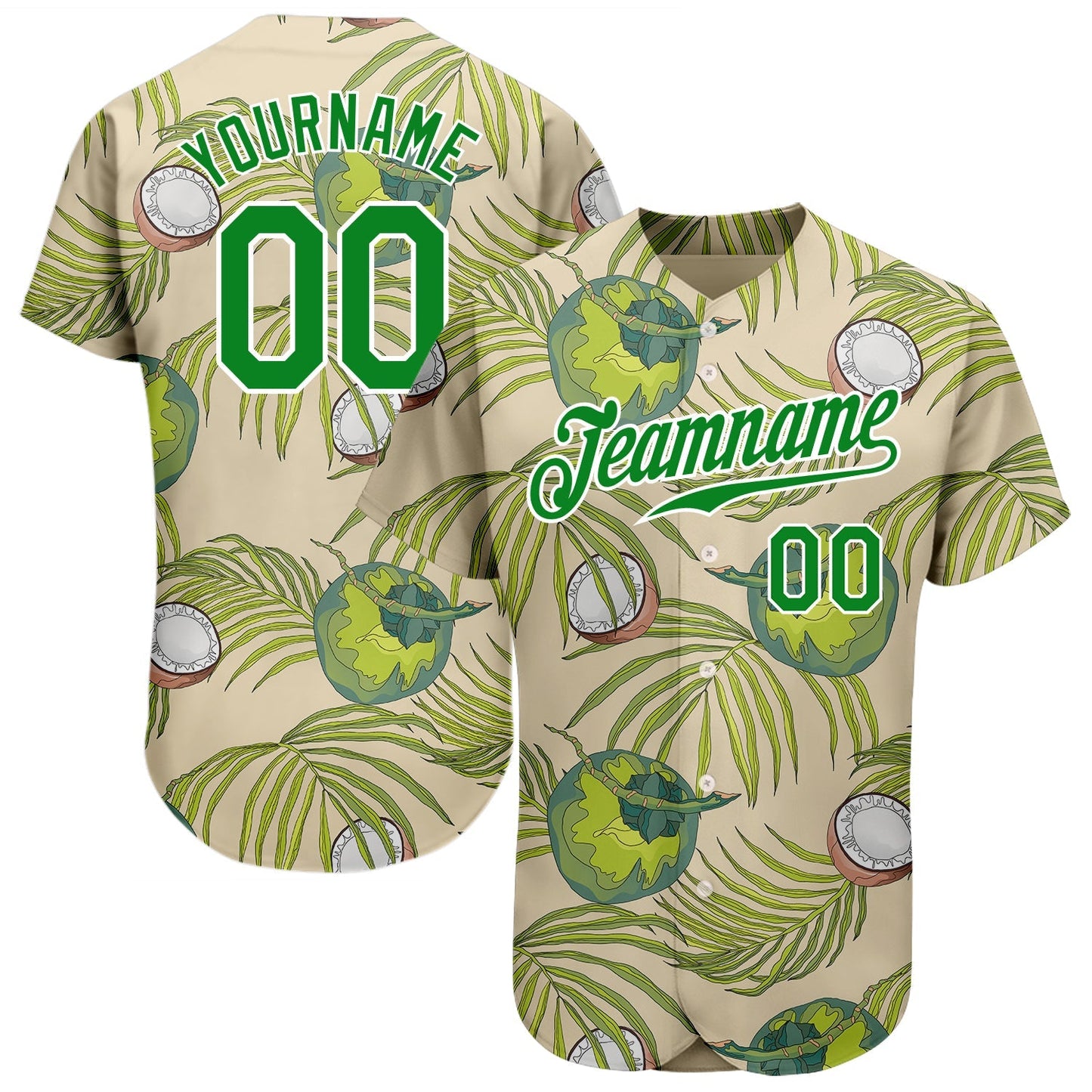 Custom Cream Grass Green-White 3D Pattern Design Coconuts And Leaves Authentic Baseball Jersey baseball jersey product view 1