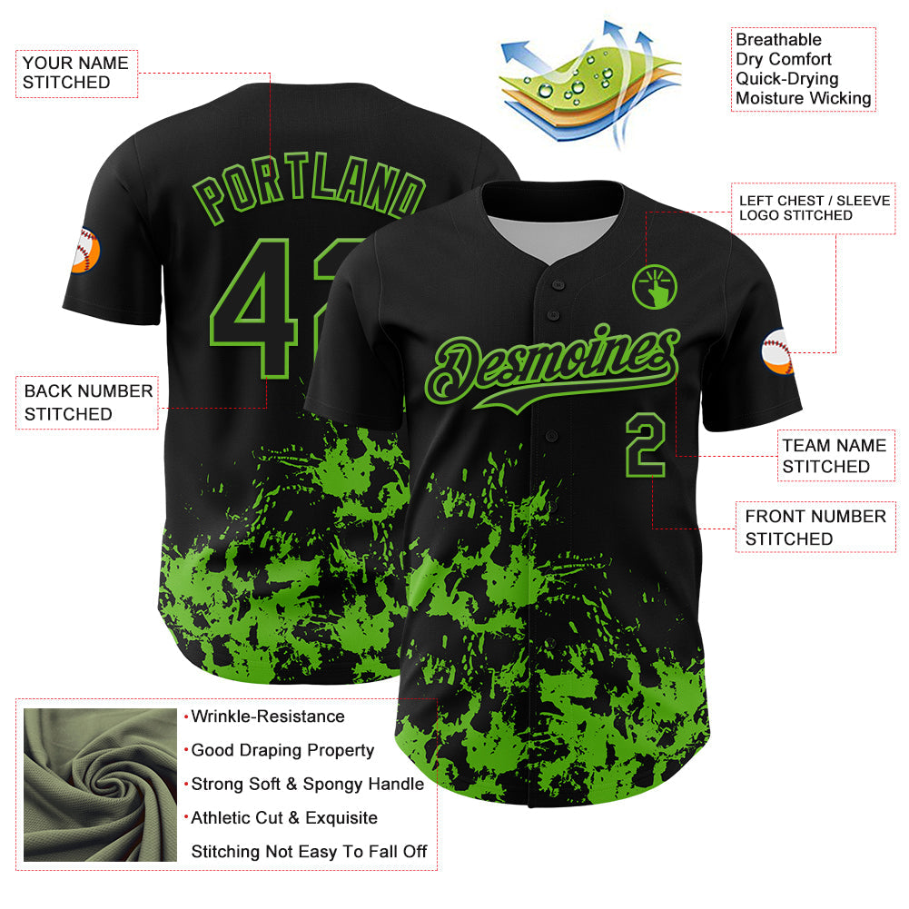 Custom Black Grass Green Splatter Authentic Baseball Jersey baseball jersey product view 3