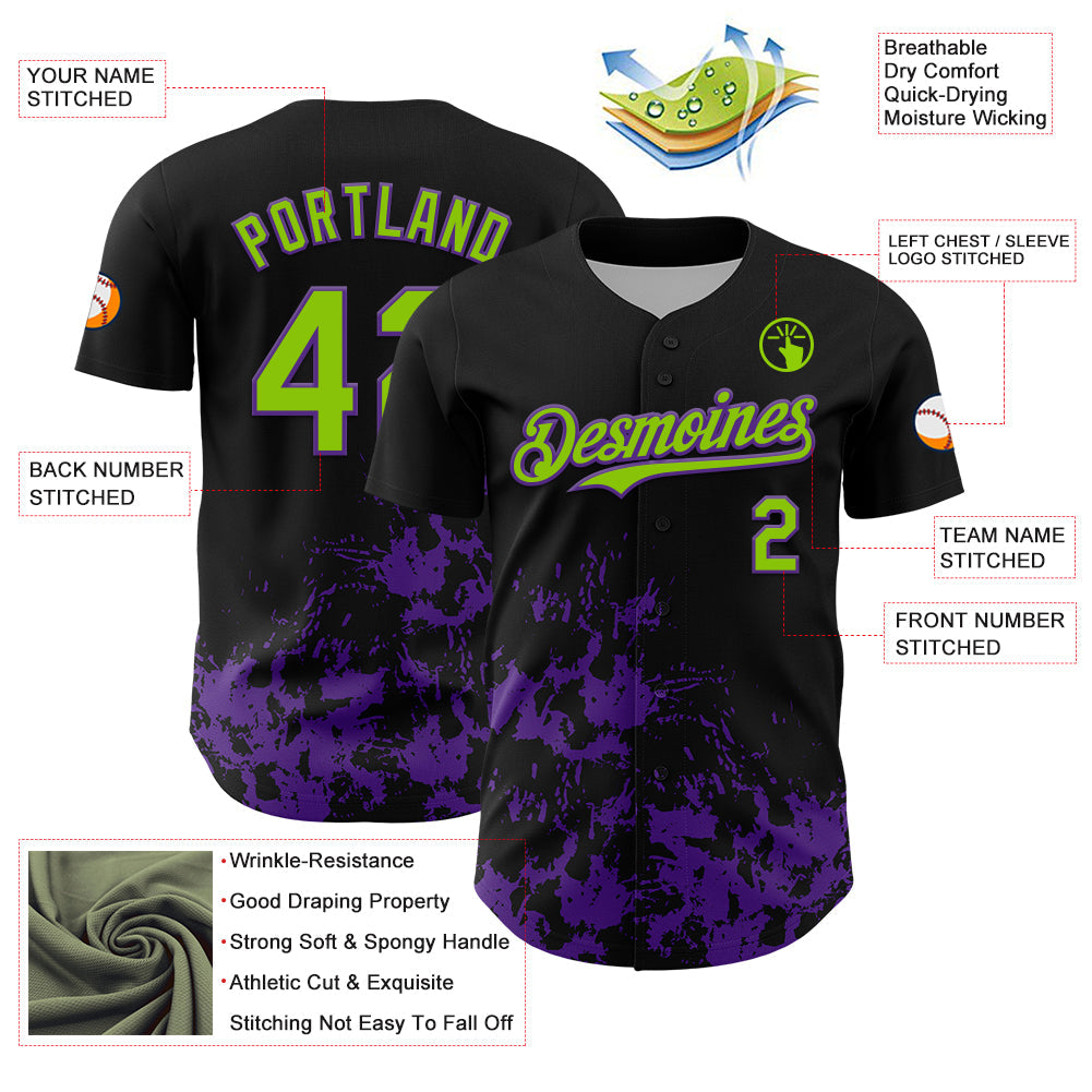 Custom Black Neon Green-Purple Splatter Authentic Baseball Jersey baseball jersey product view 3