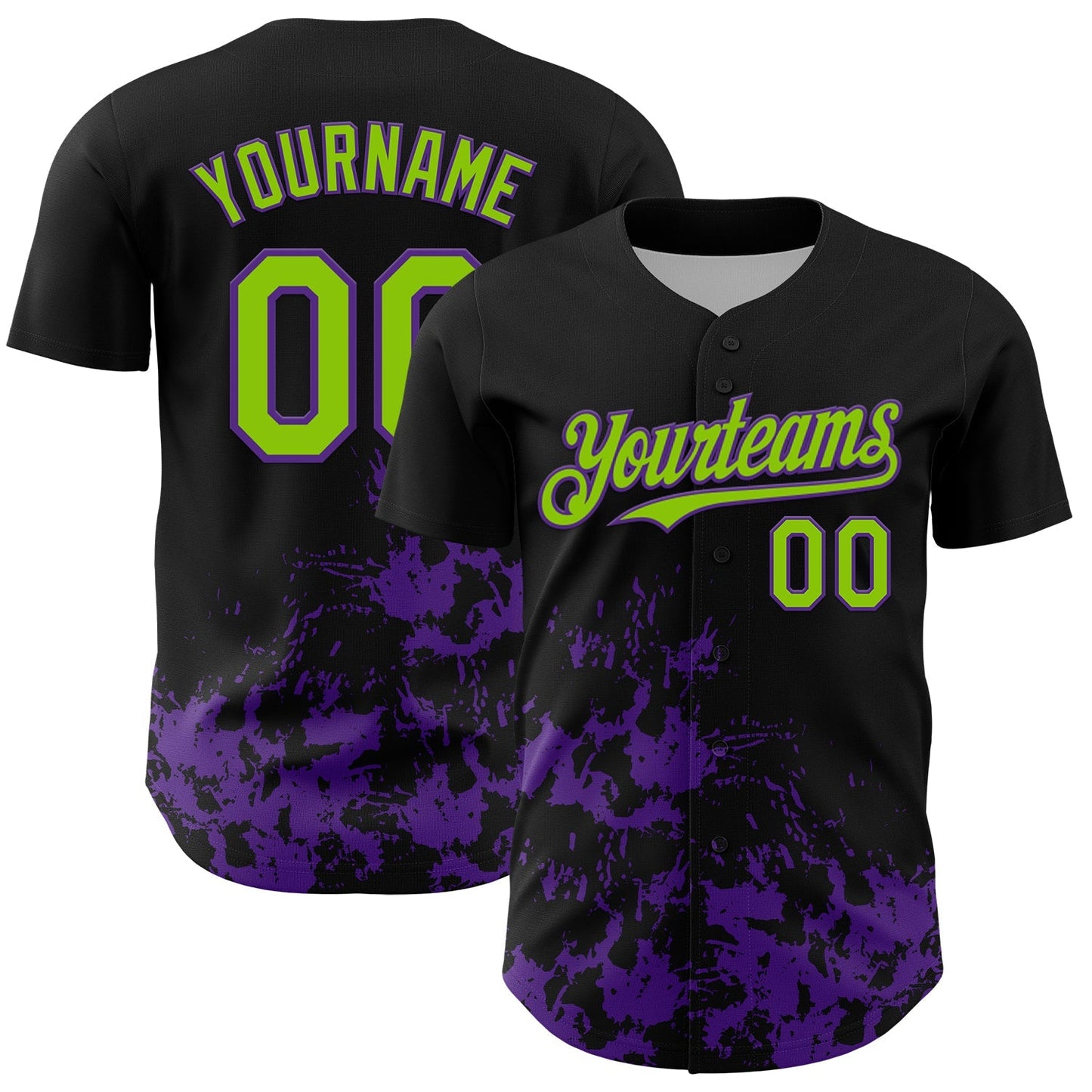 Custom Black Neon Green-Purple Splatter Authentic Baseball Jersey baseball jersey product view 1
