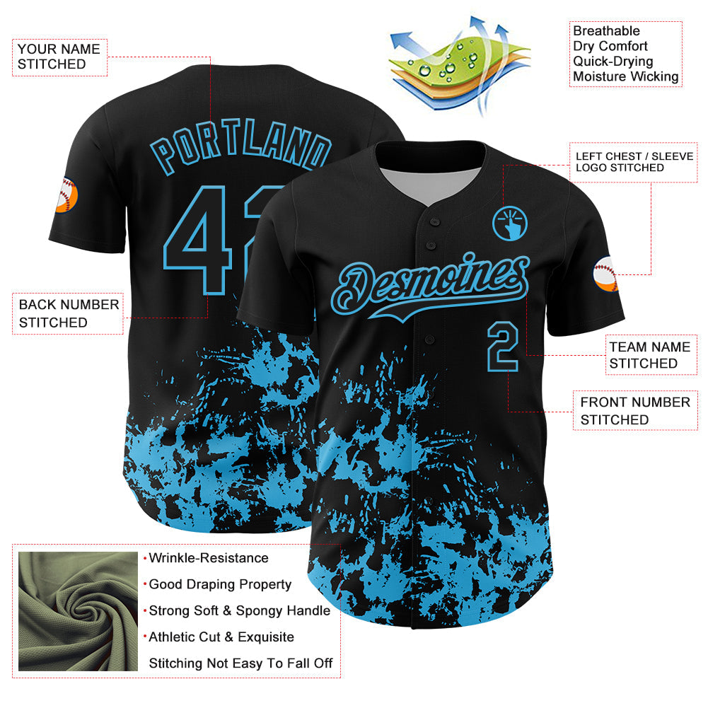 Custom Black Sky Blue Splatter Authentic Baseball Jersey baseball jersey product view 3