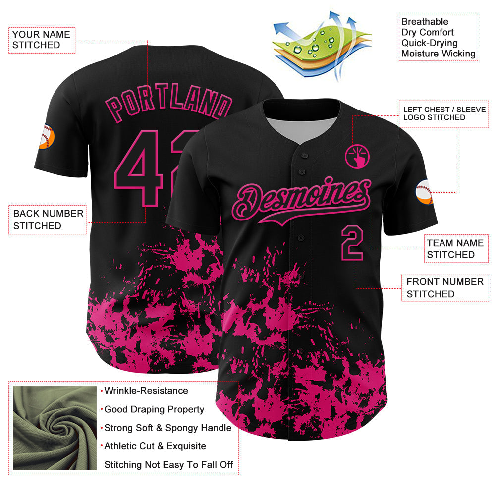 Custom Black Hot Pink Splatter Authentic Baseball Jersey baseball jersey product view 3