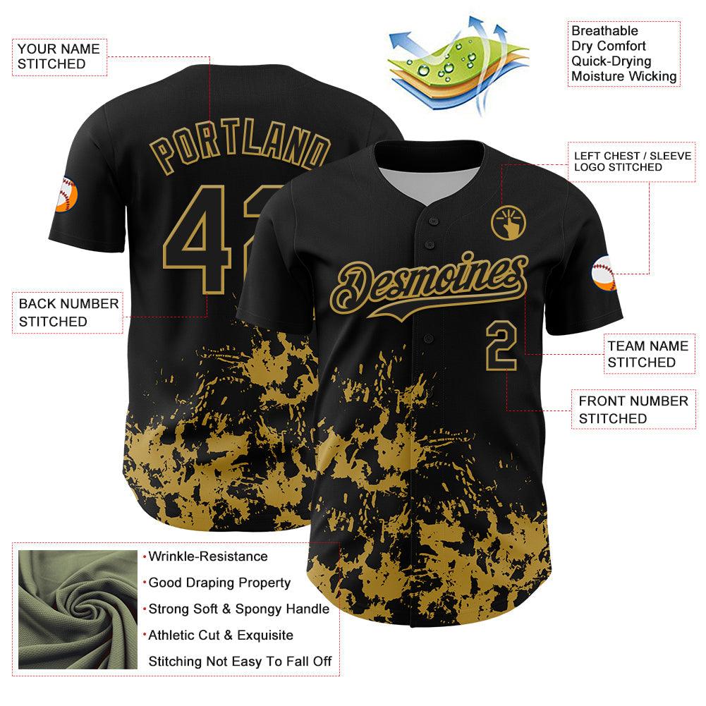 Custom Black Old Gold Splatter Authentic Baseball Jersey baseball jersey product view 3