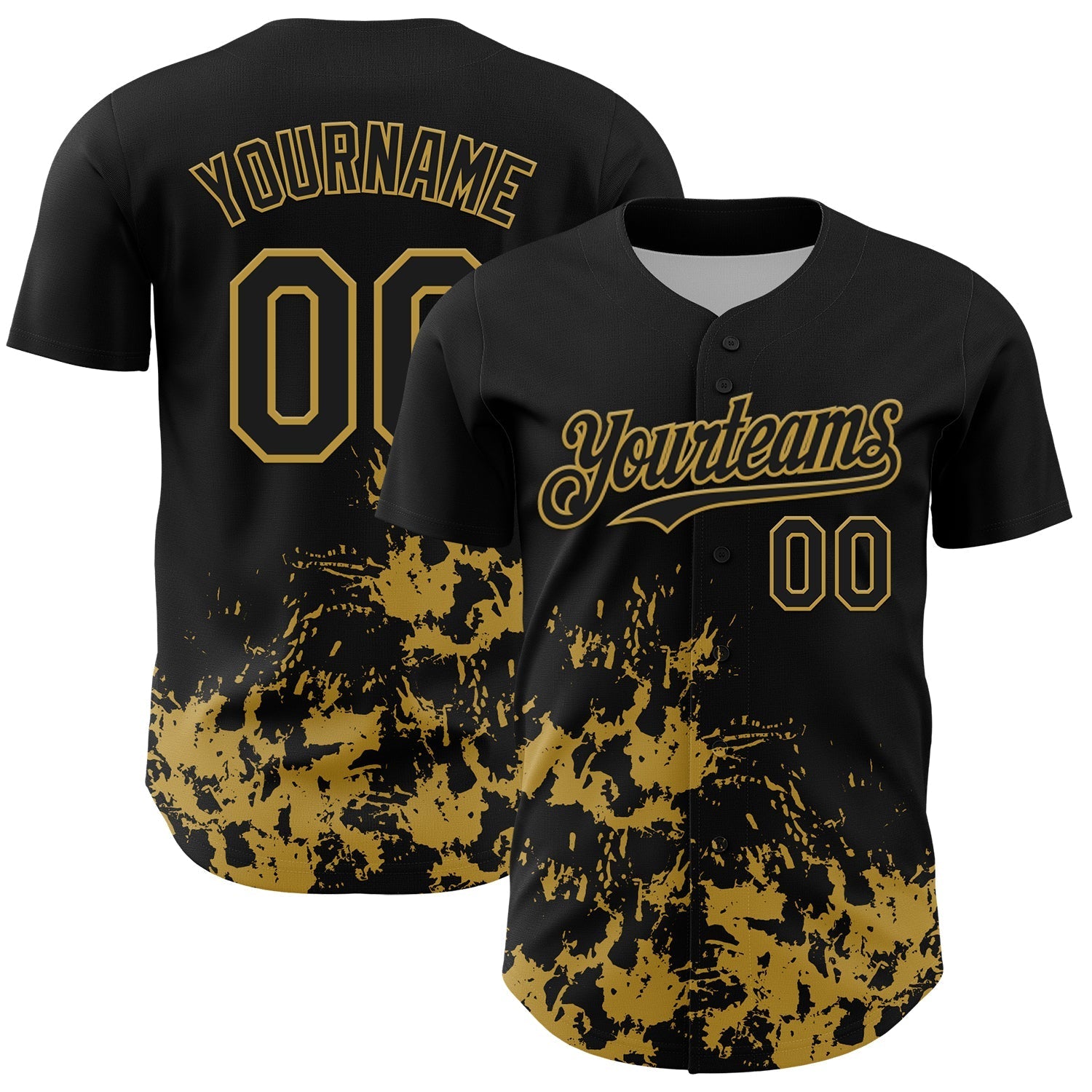 Custom Black Old Gold Splatter Authentic Baseball Jersey baseball jersey product view 1