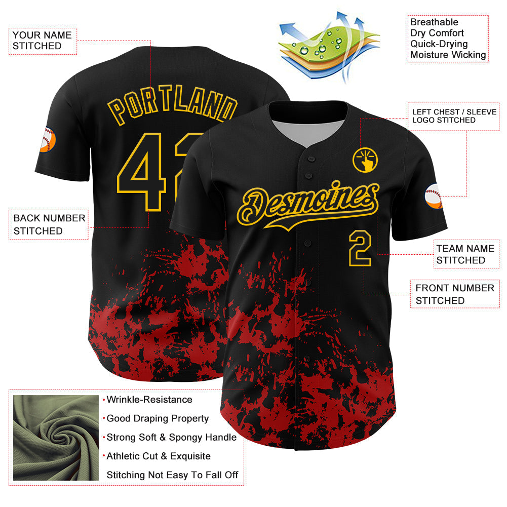 Custom Black Yellow-Red Splatter Authentic Baseball Jersey baseball jersey product view 3