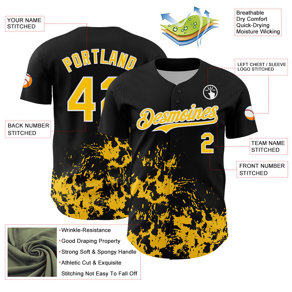Custom Black Yellow-White Splatter Authentic Baseball Jersey baseball jersey product view 3